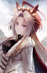  ahoge animal_ears ascot blue_eyes cape changmakura closed_mouth commentary_request ear_covers fur_trim gem green_gem highres horse_ears horse_girl jacket long_hair long_sleeves looking_at_viewer mixed-language_commentary multicolored_hair orange_hair orfevre_(control)_(umamusume) orfevre_(umamusume) outdoors red_cape single_ear_cover sky two-tone_hair umamusume upper_body white_hair white_jacket 