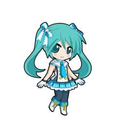  1girl a-pose aqua_eyes aqua_hair black_outline blue_bow blue_necktie blue_pantyhose blue_skirt blush boots bow chibi chibi_only closed_mouth full_body game_asset gloves hair_bow hatsune_miku hatsune_miku_graphy_collection long_hair looking_at_viewer necktie outline pantyhose plaid_bow plaid_clothes plaid_skirt pleated_skirt shirt skirt sleeveless sleeveless_shirt smile solo standing transparent_background twintails vocaloid white_boots white_gloves white_shirt 