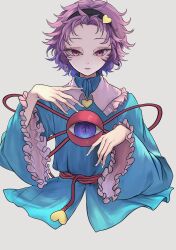  1girl absurdres black_hairband blue_shirt buttons closed_mouth collared_shirt commentary_request disembodied_linked_eye eyamigusa8823 eyeball frilled_shirt_collar frilled_sleeves frills grey_background hair_ornament hairband heart heart_button heart_hair_ornament highres komeiji_satori long_sleeves looking_at_viewer pink_eyes pink_hair shirt simple_background solo touhou wide_sleeves 