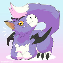  bat_wings brown_eyes claws digimon digimon_(creature) digitalclaws dorumon fangs highres looking_at_viewer mini_wings no_humans purple_fur solo tail two-tone_fur white_fur wings 