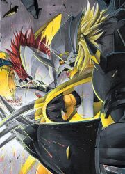  armor battle battle_damage black_armor blackwargreymon blonde_hair commentary_request digimon digimon_(creature) dragon green_eyes helmet highres horns miura_satoru red_hair wargreymon yellow_armor yellow_eyes 