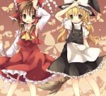  bad_id bare_shoulders blonde_hair braid broom broom_riding brown_hair detached_sleeves gohei hakurei_reimu hat kirisame_marisa long_hair multiple_girls retei ribbon side_braid touhou witch_hat 