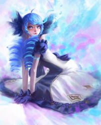  1girl ahoge arm_support arm_tattoo back_bow blue_bow blue_dress blue_eyes blue_gloves blue_hair blush bow commentary detached_sleeves dress drill_hair english_commentary frilled_dress frills from_side glove_bow gloves glowing glowing_tattoo gwen_(league_of_legends) hair_bow highres league_of_legends lips long_dress long_hair looking_at_viewer mismatched_pupils neck_tattoo nose nosori puffy_short_sleeves puffy_sleeves short_sleeves sidelocks sideways_glance sitting slit_pupils smile solo swept_bangs symbol-shaped_pupils tattoo turning_head twin_drills two-tone_dress white_dress x-shaped_pupils 