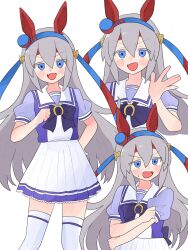  1girl animal_ears blue_eyes blush bow bowtie commentary_request ear_covers ear_ornament fang grey_hair hair_between_eyes hairband hand_on_own_hip highres horse_ears horse_girl horse_tail horseshoe_ornament komori_kamome long_hair looking_at_viewer open_mouth pleated_skirt puffy_short_sleeves puffy_sleeves purple_bow purple_bowtie purple_shirt sailor_collar sailor_shirt school_uniform shirt short_sleeves simple_background skirt smile tail tamamo_cross_(umamusume) thigh-highs tracen_school_uniform umamusume v-shaped_eyebrows very_long_hair white_background white_sailor_collar white_skirt white_thighhighs 