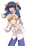 blue_hair brother_and_sister carrying clannad kneehighs misaki_juri piggyback pointing ribbon shoulder_carry siblings smile socks sunohara_mei sunohara_youhei twintails 