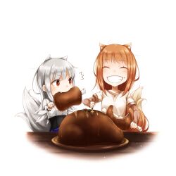  2girls absurdres animal_ear_fluff animal_ears ayakura_juu chibi fang food game_asset highres holo mother_and_child mother_and_daughter multiple_girls myuri_(spice_and_wolf) non-web_source parent_and_child spice_and_wolf tail wolf_ears wolf_girl wolf_tail 