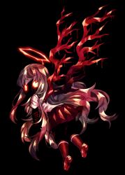  black_skin blood colored_skin commentary_request cuts from_behind glowing glowing_eyes halo injury loafers long_hair looking_at_viewer miniskirt red_socks red_wings school_uniform senmu_(0107) shoes skirt socks white_hair wings 