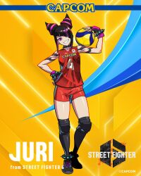  1girl ball black_hair black_shoes capcom full_body grin hair_horns han_juri heterochromia highres holding holding_ball looking_at_viewer multicolored_hair official_art pink_hair red_shirt red_shorts second-party_source shirt shoes shorts smile solo sportswear street_fighter street_fighter_6 teeth two-tone_hair volleyball volleyball_uniform yellow_background 