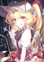  1girl absurdres blonde_hair closed_mouth commentary_request flandre_scarlet hand_up hat highres juliet_sleeves long_hair long_sleeves looking_at_viewer mob_cap multicolored_wings neruko_(piano00324) puffy_sleeves red_eyes red_nails red_vest shirt side_ponytail smile solo sparkle tongue tongue_out touhou vest white_hat white_shirt wings 