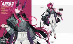  1girl absurdres alternate_costume arknights ascalon_(arknights) bag barcode black_bag black_coat black_shoes bracelet breasts casual closed_mouth coat coat_on_shoulders commentary cover demon_girl demon_horns english_text facial_mark facial_tattoo fake_magazine_cover full_body grey_sweater hachisan hair_between_eyes handbag high_heels highres holding holding_bag horns jewelry long_hair long_sleeves looking_at_viewer magazine_cover necklace open_clothes open_coat pants pointy_ears purple_hair shoes sidelocks simple_background solo standing standing_on_one_leg sweater tattoo teardrop_facial_mark teardrop_tattoo violet_eyes white_pants 