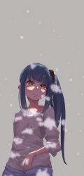  alternate_costume blue_pants blunt_bangs casual commentary_request cowboy_shot dappled_sunlight frown grey_background grey_hair hair_ornament hair_scrunchie highres kantai_collection kasumi_(kancolle) long_hair long_sleeves looking_at_viewer neko_no_hige pants scrunchie shirt side_ponytail sidelocks simple_background sunlight white_shirt yellow_eyes 