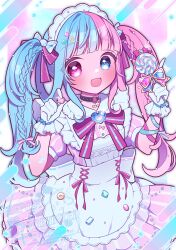  1girl apron blue_eyes blue_hair blush braid candy commentary_request dress fang food gloves hair_ornament heterochromia highres holding holding_candy holding_food holding_lollipop lollipop maid_headdress multicolored_hair open_mouth original pink_eyes pink_hair short_sleeves skin_fang solo split-color_hair twintails two-tone_hair umecha_0 watermark white_gloves 