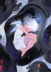  1girl angel angel_wings closed_eyes dissolving dress embryo fetal_position full_body halo hidari_(nanmu-left) highres hugging_own_legs original short_hair white_dress white_hair white_wings wings 
