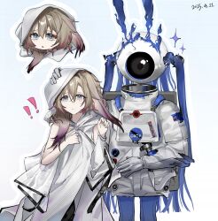  ! !! 2girls alien animal_ears arknights astronaut bai_zhi_hua_hua_ban bare_shoulders blue_hair brown_hair chinese_commentary closed_mouth commentary_request cowboy_shot dated dress eyeball gloves hair_between_eyes hand_on_another's_head hierda_(arknights) highres hood hood_up long_sleeves looking_at_viewer lop_rabbit_ears multiple_girls rabbit_ears rabbit_girl simple_background spacesuit sparkle standing the_presence_(arknights) twintails white_background white_dress 
