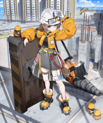  1girl absurdres arknights black_shirt boots brown_hair cement_(arknights) commentary construction_site drill english_commentary happy90572084 hard_hat helmet highres id_card infection_monitor_(arknights) jacket long_sleeves looking_at_viewer mining_helmet mole_(animal) orange_boots orange_jacket power_drill puffy_long_sleeves puffy_sleeves rooftop see-through_clothes see-through_skirt shirt short_hair skirt smile solo ufo_skirt yellow_eyes 