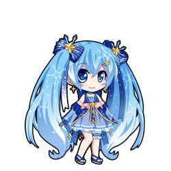  1girl bare_shoulders black_outline blue_bow blue_dress blue_eyes blue_gloves blue_hair blue_nails blue_shoes blush bow chibi chibi_only choker closed_mouth constellation_print detached_sleeves dress earrings fingerless_gloves frilled_thigh_strap full_body game_asset gloves hair_between_eyes hair_bow hair_ornament hatsune_miku hatsune_miku_graphy_collection jewelry long_hair looking_at_viewer musical_note musical_note_print outline ribbon_choker shoes sleeveless sleeveless_dress smile solo standing star_(symbol) star_earrings star_hair_ornament thigh_strap transparent_background twintails very_long_hair vocaloid yuki_miku yuki_miku_(2017) 