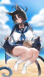  1girl absurdres animal_ears black_hair black_sailor_collar blue_archive blue_halo blue_neckerchief blue_skirt blush bob_cut breasts cat_ears cat_tail choker clothes_lift coconut coconut_cup commentary_request fruit_as_cup halo highres kikyou_(blue_archive) large_breasts looking_at_viewer multiple_tails neckerchief on_hammock parted_bangs pout sailor_collar school_uniform serafuku shangdi_de_fa_zhang shirt short_hair sitting skirt skirt_lift socks solo tail thighs white_shirt white_socks 