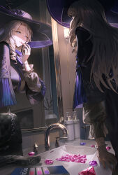  1girl applying_lipstick applying_makeup applying_own_makeup bathroom black_hat blue_eyes brown_hair commentary cosmetics cotta_(heleif) hat highres holding holding_lipstick_tube indoors jiuyuan_(neverness_to_everness) lipstick lipstick_tube long_hair looking_at_mirror looking_at_self makeup mirror neverness_to_everness solo table untranslatable_commentary vanity_table 
