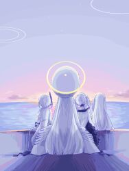 4girls blue_archive clouds commentary_request ein_(blue_archive) from_behind halo highres large_hat long_hair long_sleeves malkuth_(blue_archive) multiple_girls ocean ohr_(blue_archive) ring_of_light_(blue_archive) short_hair short_twintails siblings sitting sof_(blue_archive) sunset tachikaze_miyako triplets twintails white_hair wide_sleeves yellow_halo 