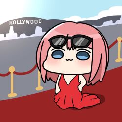  1girl :3 akino_ell bare_arms bare_shoulders black-framed_eyewear blue_eyes blush chibi closed_mouth commentary_request dress evening_gown eyewear_on_head go-toubun_no_hanayome hand_on_own_hip hollywood_sign nakano_ichika pink_hair red_dress sleeveless sleeveless_dress solo sunglasses 