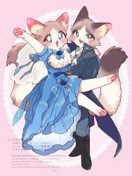 1boy 1girl animal_feet animal_hands blue_coat blue_dress blue_eyes body_fur boots brown_fur carrying cat_boy cat_girl coat cocri commentary_request commission dress fang full_body furry furry_female furry_male highres looking_at_viewer original pink_background princess_carry ragdoll_(cat) skeb_commission tail veil white_fur 