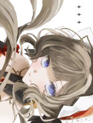  1girl black_collar blue_eyes bonnet brown_hair collar commentary_request detached_collar dress gem genshin_impact hair_ornament highres looking_at_viewer miyamiyayaaaa portrait red_gem sandrone_(genshin_impact) short_hair_with_long_locks simple_background smile solo white_background white_headdress 