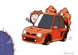  2girls :d car chibi commentary_request highres idolmaster idolmaster_(classic) kayatsu_urotoma kisaragi_chihaya motor_vehicle multiple_girls nissan nissan_micra open_mouth orange_car orange_hair out_of_frame simple_background smile takatsuki_yayoi twintails twitter_username vehicle_request waving white_background |_| 