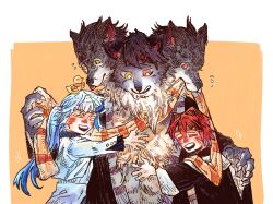  3girls ange_katrina ange_katrina_(1st_costume) animal_on_head bird bird_on_head black_coat black_robe blue_hair blush border bright_pupils cerberus chest_fur claws closed_eyes coat flying_sweatdrops furrification furry group_hug hair_intakes hatching_(texture) heterochromia holding holding_unworn_clothes holding_unworn_scarf hug inui_toko jacket linear_hatching lize_helesta lize_helesta_(1st_costume) long_hair long_sleeves looking_at_animal mane motion_lines mouth_hold multicolored_hair multiple_girls multiple_heads nijisanji nose_blush on_head open_mouth orange_background orange_scarf outside_border ponytail red_eyes red_hair robe sanbaka_(nijisanji) scarf scarf_tying sebastian_piyodore short_hair shou-star simple_background size_difference smile streaked_hair striped_clothes striped_scarf sweatdrop tongue tongue_out two-tone_hair unworn_scarf virtual_youtuber white_border white_hair white_jacket white_pupils wolf_girl yellow_bird yellow_eyes 