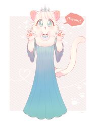  1girl animal_hands blue_dress blue_eyes body_fur cat_girl claw_pose claws cocri commentary_request dress full_body furry furry_female highres looking_at_viewer meowing neck_fur original princess_koyuki_(cocri) solo standing tail tiara white_fur white_hair 