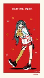  1girl 39 :q arm_warmers asymmetrical_legwear black_shoes blue_eyes blue_hair character_name coalowl commentary_request company_name copyright_notice double_v full_body hair_ornament hatsune_miku headphones heart heart_hair_ornament heart_o-ring highres leg_up looking_at_viewer mismatched_legwear o-ring official_art red_nails red_skirt shirt shoes single_sock single_thighhigh skirt socks solo thigh-highs tongue tongue_out translation_request v vocaloid white_shirt white_socks yellow_arm_warmers yellow_thighhighs 