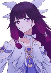  1girl bare_shoulders black_hair bow bowtie columbina_(genshin_impact) commentary dress genshin_impact hair_ornament hair_ribbon head_wings huh7o7 long_hair looking_at_viewer multicolored_hair multiple_wings purple_hair purple_streaks ribbon simple_background solo streaked_hair two-tone_hair untranslatable_commentary upper_body very_long_hair violet_eyes white_background white_bow white_dress white_wings wing_hair_ornament wings 