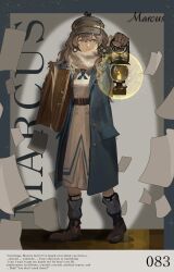  1girl belt blue_border blue_coat blue_eyes blue_neckerchief boots border brown_belt brown_boots brown_gloves brown_hair carrying carrying_under_arm character_name character_signature closed_mouth coat commentary dress english_text flying_paper fragrance_(freakyduck9000) full_body gloves grey_background grey_hat hand_up hat highres holding holding_lantern holding_suitcase lantern legs_apart long_dress long_hair looking_at_viewer marcus_(reverse:1999) neckerchief newsboy_cap paper reverse:1999 scarf shadow solo spotlight standing suitcase too_many_papers untranslatable_commentary white_dress white_scarf 