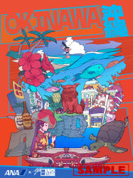  1boy 3girls absurdres all_nippon_airways beach ben-day_dots bikini bingata blue_bikini building clouds collage english_commentary english_text flower food fruit hanagasa hibiscus highres maneki-neko minomiyabi multiple_girls ocean official_art okinawa okinawan_text original orion_beer palm_tree pineapple promotional_art purple_hair red_background ryuusou sample_watermark screentones sea_turtle shiisaa shuri_castle swimsuit tree tropical_fish turtle watermark 