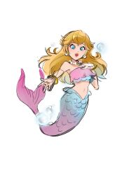  1girl air_bubble alternate_costume ano_(sbee) bare_shoulders blonde_hair blue_eyes bracelet breasts bubble commentary_request crop_top earrings full_body hand_on_own_chest highres jewelry long_hair looking_at_viewer merfolk mermaid midriff monster_girl monsterification navel necklace open_mouth pearl_necklace princess_peach princess_peach:_showtime! shell simple_background smile solo sphere_earrings super_mario_bros. underwater white_background 