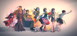  6+girls ability_card_(touhou) apron barefoot black_dress black_hair black_skirt blonde_hair blue_hair blue_shorts bone boots bowl bowl_hat brown_hair cape dalachi_(headdress) detached_sleeves dress expressionless from_side full_body green_shirt green_skirt hairband hand_on_own_hat hands_in_pockets hands_up haniyasushin_keiki hat headscarf highres holding holding_needle horns iwanaga_ariya japanese_clothes jewelry junko_(touhou) kimono long_hair long_sleeves magatama magatama_necklace maisuiren matara_okina medium_hair multicolored_dress multicolored_hairband multiple_girls necklace needle needle_sword nippaku_zanmu no_socks orange_tabard outstretched_arm own_hands_together petite purple_hair red_kimono red_tabard sandals shirt short_hair short_sleeves shorts sitting skeletal_tail skeletal_wings skirt sukuna_shinmyoumaru tabard tail tenkyuu_chimata touhou white_cape white_shirt wide_sleeves wings yellow_dress 
