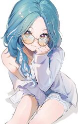  1girl 852_box arm_support bare_shoulders blush braid breasts camisole chain chain_necklace closed_mouth collarbone commentary denim denim_shorts eyelashes glasses hand_on_own_cheek hand_on_own_face highres jewelry leaning_forward light_smile long_hair long_sleeves looking_at_viewer medium_breasts multicolored_hair necklace open_clothes red_eyes semi-rimless_eyewear shiranami_ramune shirt shorts simple_background sitting solo streaked_hair torn_clothes torn_shorts under-rim_eyewear untranslatable_commentary virtual_youtuber vspo! white_background white_camisole white_shirt 