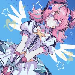  1girl aqua_hair aqua_streaks aria_(human)_(zenless_zone_zero) aria_(zenless_zone_zero) bandaid bandaid_on_face blue_background blue_eyes bow bridal_gauntlets center_frills closed_mouth commentary_request detached_collar dress dutch_angle english_commentary facial_mark fingerless_gloves frills gloves hair_bow hair_ornament hairclip heart heart_facial_mark highres kurimako looking_at_viewer mark_under_eye mixed-language_commentary multicolored_hair multiple_hair_bows pink_gloves pink_hair quad_tails solo star-shaped_pupils star_(symbol) streaked_hair symbol-shaped_pupils white_bridal_gauntlets white_dress white_wings wings zenless_zone_zero 