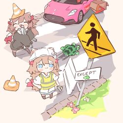  2girls :3 :d ^_^ animal_ears atari_desu black_socks black_sweater blue_eyes blush_stickers brown_hair car cat_ears cat_girl cat_tail chibi chibi_only closed_eyes closed_mouth collared_shirt commentary day double-parted_bangs evil_neuro-sama flower full_body grass hair_between_eyes hair_ribbon hammer helmet high-visibility_clothing high-visibility_vest highres holding holding_hammer long_hair long_sleeves motor_vehicle multiple_girls neuro-sama open_mouth outdoors ribbon road road_sign second-party_source shirt short_sleeves sign sleeves_past_fingers sleeves_past_wrists smile socks standing sweater tail title traffic_cone untranslatable_commentary vedal987 vedal_ai vest virtual_youtuber white_helmet white_shirt x_x yellow_vest 