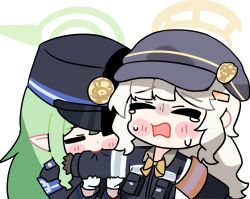  2girls absurdres akichan_205 aoba_(blue_archive) armband biting black_hat blue_archive blue_armband bow bowtie buttons commentary_request double-breasted gloves green_hair green_halo halo hat highres hikari_(blue_archive) long_hair long_sleeves low_twintails multiple_girls newsboy_cap open_mouth orange_armband orange_halo peaked_cap pointy_ears simple_background tears twintails white_background white_gloves yellow_bow yellow_bowtie 