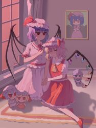  2girls absurdres ascot bat_wings blonde_hair bow character_doll chinese_commentary collared_shirt commentary_request crystal crystal_wings doll flandre_scarlet frilled_shirt_collar frills fumo_(doll) hat hat_bow highres indoors izayoi_sakuya mob_cap multicolored_wings multiple_girls ning_zhi_ju one_side_up painting_(object) picture_frame pink_hat pink_shirt pink_skirt purple_hair red_ascot red_bow red_eyes red_skirt red_vest remilia_scarlet shadow shirt siblings sisters skirt skirt_set sleeping touhou vest white_hat white_shirt wings yellow_ascot 