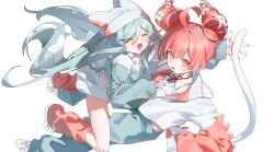  2girls absurdres ahoge bare_legs beanie blue_hair cat_tail closed_eyes drill_hair from_above hat hatsune_miku highres hug jacket kasane_teto lo-ta long_hair looking_at_viewer multiple_girls neck_ribbon open_mouth pants pppp_(vocaloid) red_eyes red_hair ribbon simple_background tail twin_drills white_background 