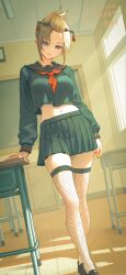  1girl absurdres alternate_costume black_shirt black_skirt blonde_hair classroom commission fishnet_thighhighs fishnets full_body gintama highres indoors kunai long_sleeves looking_at_viewer midriff navel neckerchief parted_lips pixiv_commission pleated_skirt qingli_ye red_neckerchief scar scar_on_face school_uniform shirt short_hair skirt smile thigh-highs tsukuyo_(gintama) violet_eyes weapon 