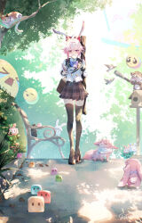 1girl absurdres bag bench bird blue_bow blush bow cat elphe emoji evanescia_(honkai:_star_rail) foliage fox fox_ears fox_girl fox_tail full_body hair_bow hair_intakes hair_ornament highres holding holding_book holding_strap honkai:_star_rail honkai_(series) mary_janes pien pink_eyes pink_hair pleated_skirt red_bow school_uniform smile strap thighhighs toast_in_mouth walking zettai_ryouiki