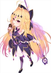  1girl absurdres antenna_hair bird_kim black_capelet blonde_hair brooch capelet closed_mouth commentary cure_arcana_shadow diamond_hairband food frilled_capelet frilled_cuffs frills full_body gradient_hair hair_intakes heart heart_brooch highres holding holding_ice_cream_cone holding_rod ice_cream ice_cream_cone jewelry long_hair magical_girl meitantei_precure! moria_luluka multicolored_hair pink_eyes pink_hair precure purple_thighhighs purple_veil rod simple_background smile solo tear_arcana_rod thigh-highs veil very_long_hair white_background zettai_ryouiki 