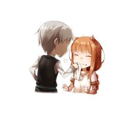  1boy 1girl absurdres animal_ear_fluff animal_ears ayakura_juu chibi craft_lawrence crumbs game_asset grey_hair highres holo non-web_source spice_and_wolf wiping_another's_face wolf_ears wolf_girl 