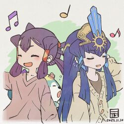  2girls arm_up artist_logo beamed_eighth_notes black_shirt blue_hair brown_jacket brown_shirt closed_eyes commentary_request dated earphones earphones eighth_note gear_hair_ornament hair_ornament hair_rings highres jacket kokorowa-hime listening_to_music logo long_hair long_sidelocks mizura multiple_girls musical_note nihongami notice_lines open_mouth quad_hair_rings quarter_note sakuna-hime shared_earphones shirt sidelocks signature sleeping_animal smile squeans tama-jii tensui_no_sakuna-hime upper_body wireless_earphones y_koichi 