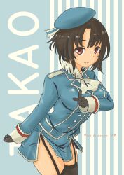  1girl absurdres ascot beret black_gloves black_hair black_thighhighs blue_background blue_hat blush breasts character_name commentary_request cowboy_shot garter_straps gloves hat highres kantai_collection large_breasts looking_at_viewer military military_uniform pot-de red_eyes ship_turret short_hair smile solo striped_background takao_(kancolle) thigh-highs 