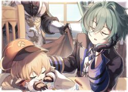  1boy 2girls ahoge bed_sheet black_gloves blonde_hair blue_shirt chair closed_eyes coat collared_shirt commentary_request drawing_(object) earrings genshin_impact gloves green_hair hair_between_eyes hat highres ito_e_mochi jean_(genshin_impact) jewelry klee_(genshin_impact) leaning_on_self leaning_on_table lohen_(genshin_impact) multiple_girls on_chair parted_lips red_coat red_hat shirt short_hair single_earring sitting sleeping standing straight-on upper_body window 