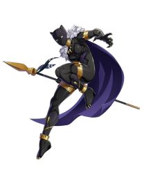  1girl animal_ears anklet black_bodysuit black_panther_(series) black_panther_(shuri) bodysuit breasts cape clawed_gloves commentary english_commentary fur-trimmed_cape fur_trim gold_anklet gold_thighlet highres holding holding_polearm holding_weapon jewelry looking_at_viewer marvel marvel_tokon:_fighting_souls mask official_art panther_ears polearm purple_cape shuri_(marvel) solo spear superhero_costume thighlet third-party_source weapon 