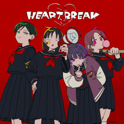  ahoge bandaid bandaid_on_face black_eyes black_hair blowing_bubble_gum bokken braid chewing_gum commentary_request delinquent fujii_ayame futsuu_no_keion-bu green_eyes green_hair hand_in_pocket hand_on_own_hip hatono_chihiro highres holding holding_megaphone ikihaji jacket kouyama_rin letterman_jacket long_skirt looking_at_viewer medium_hair megaphone middle_finger multiple_girls neck_ribbon pink_eyes pink_hair pixie_cut purple_hair red_background red_ribbon ribbon school_uniform serafuku short_hair skirt sukeban sword twin_braids uchida_momo violet_eyes weapon wolf_cut wooden_sword 